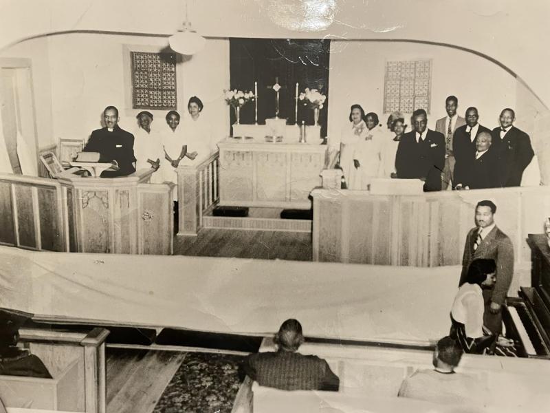 The Rev. E.L. Maddox, left, and Assistant Pastor Mr. Wolfe, right, along with congregation members of the Dunning, Maull, Gooch and others families in 1953.